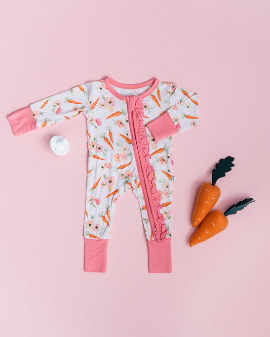 Lillian's Pink Easter Carrots Bamboo Ruffle Convertible Footie