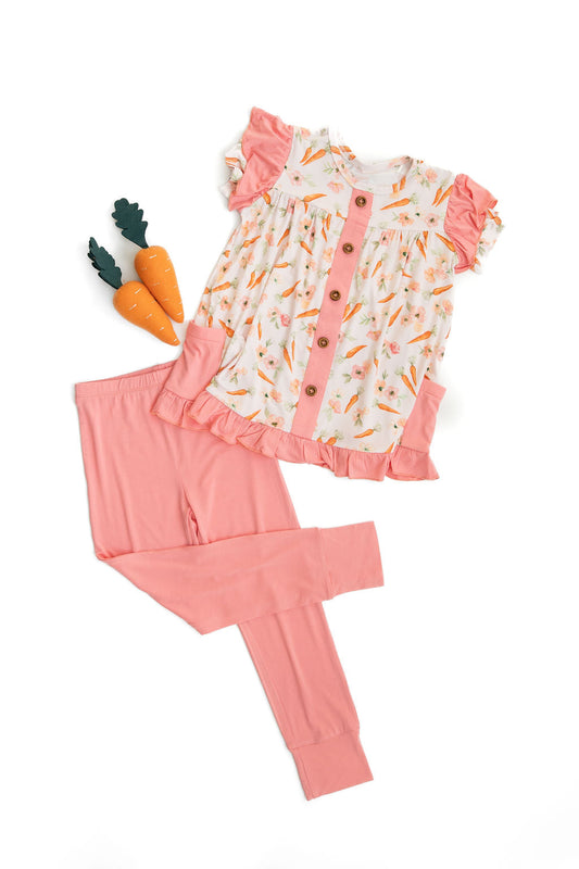 Lillian's Pink Easter Carrots Short Sleeve Peplum + Legging Set