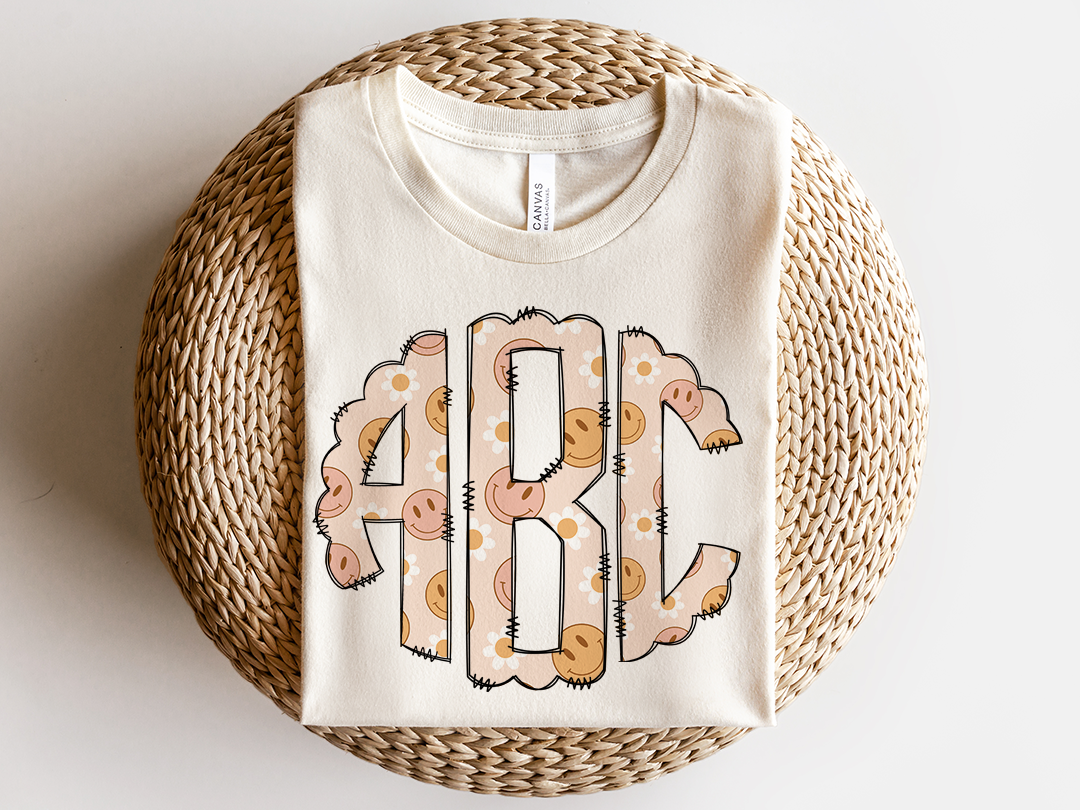 Boho Smiles White Monogram Kids Tee