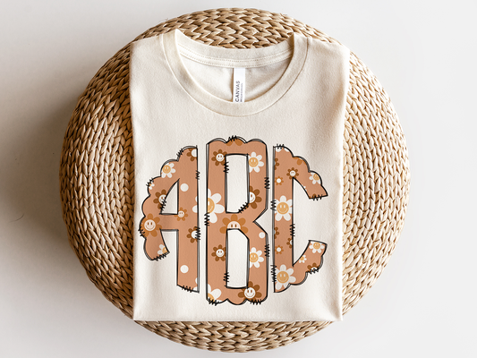 Boho Smiles Brown Monogram Kids Tee