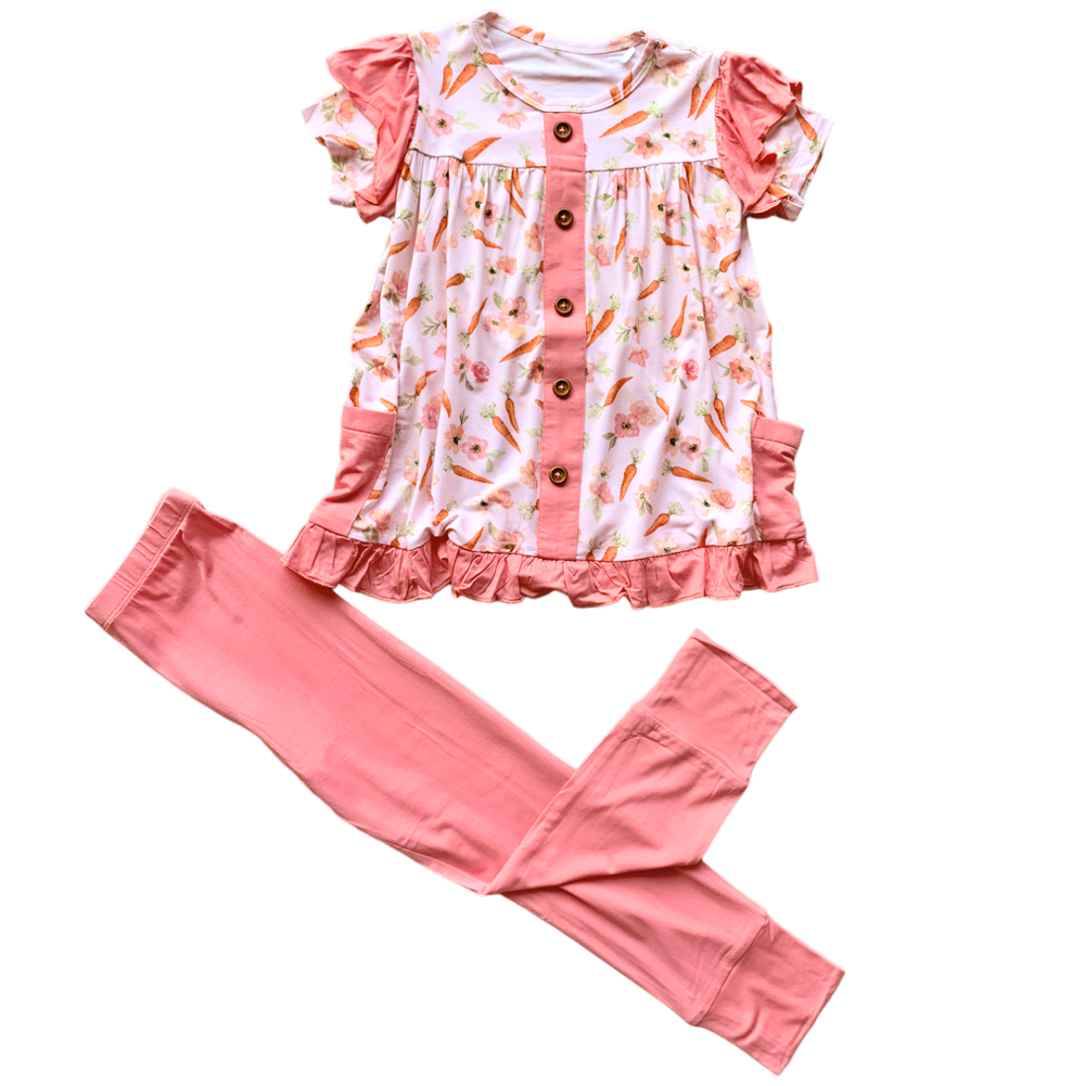 Lillian's Pink Easter Carrots Short Sleeve Peplum + Legging Set