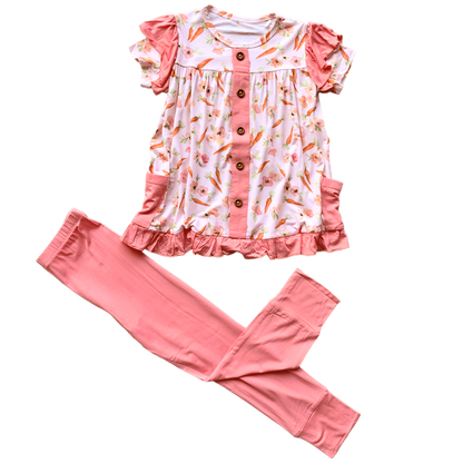 Lillian's Pink Easter Carrots Short Sleeve Peplum + Legging Set