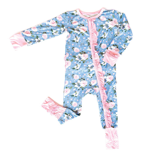 Lillian Floral Bamboo Convertible Ruffle Snap Footie