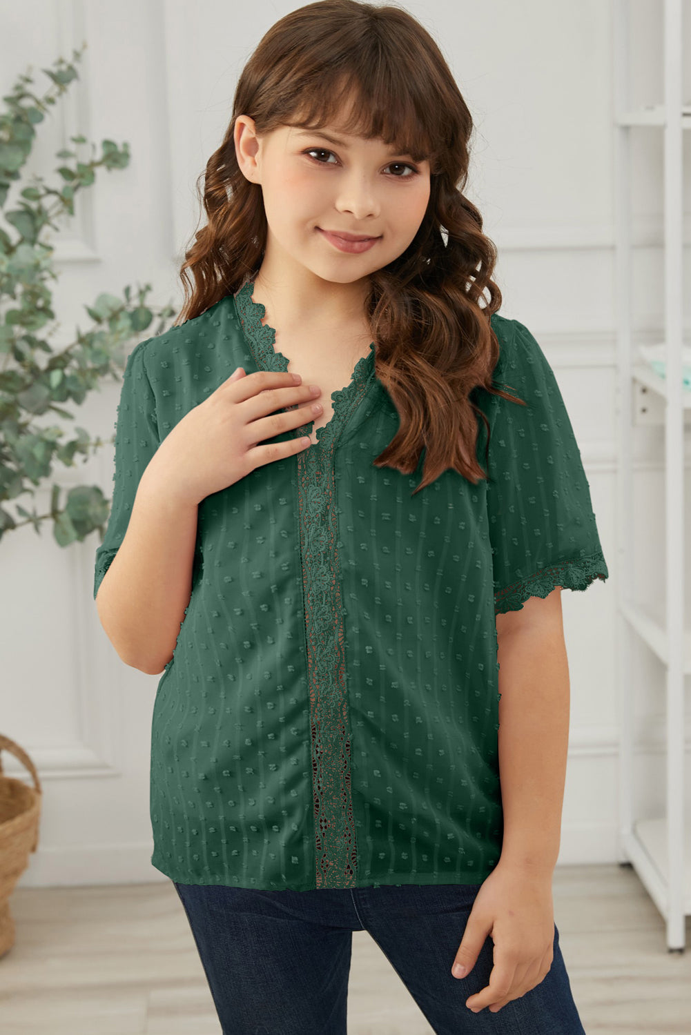 Girls Swiss Dot Spliced Lace Blouse