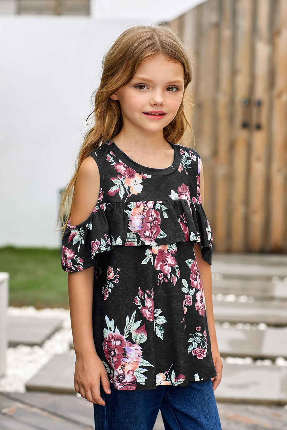 Girls Floral Cold-Shoulder Ruffled Top