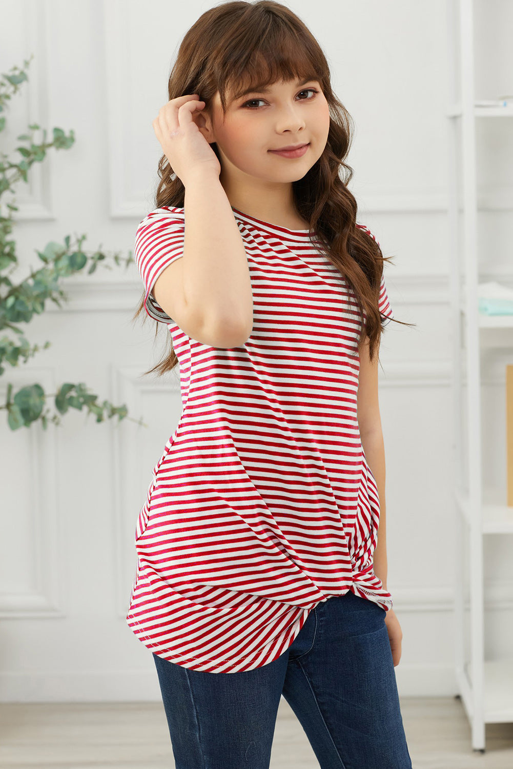 Girls Striped Round Neck Twisted Tee Shirt