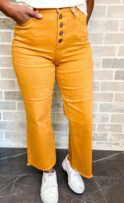 You're So Golden | Judy Blue Mustard Wide Leg Cropped Jeans