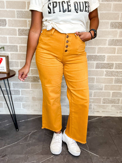 You're So Golden | Judy Blue Mustard Wide Leg Cropped Jeans