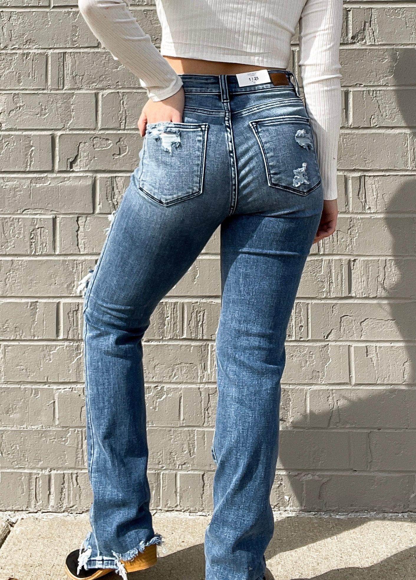 Indigo | Distressed Mid Rise Straight Jeans