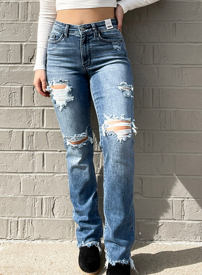 Indigo | Distressed Mid Rise Straight Jeans