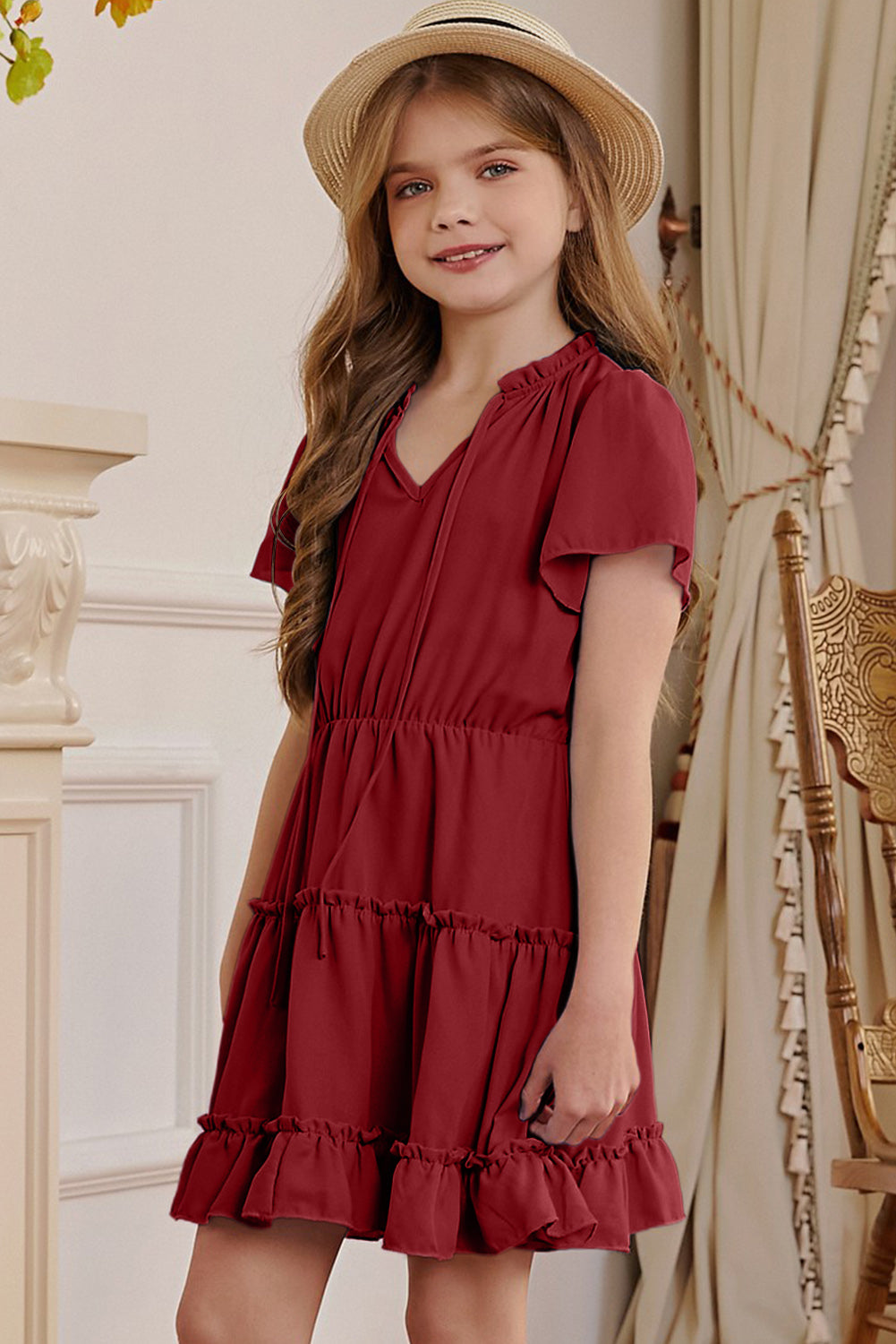 Girls Frilled Notched Neck Puff Sleeve Dress