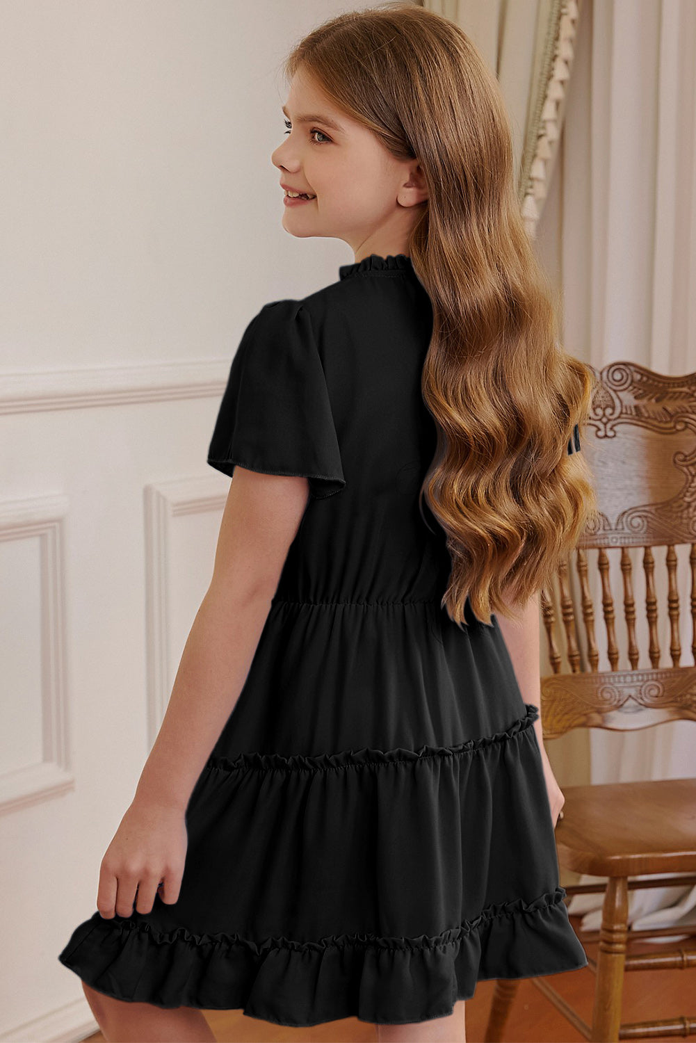 Girls Frilled Notched Neck Puff Sleeve Dress