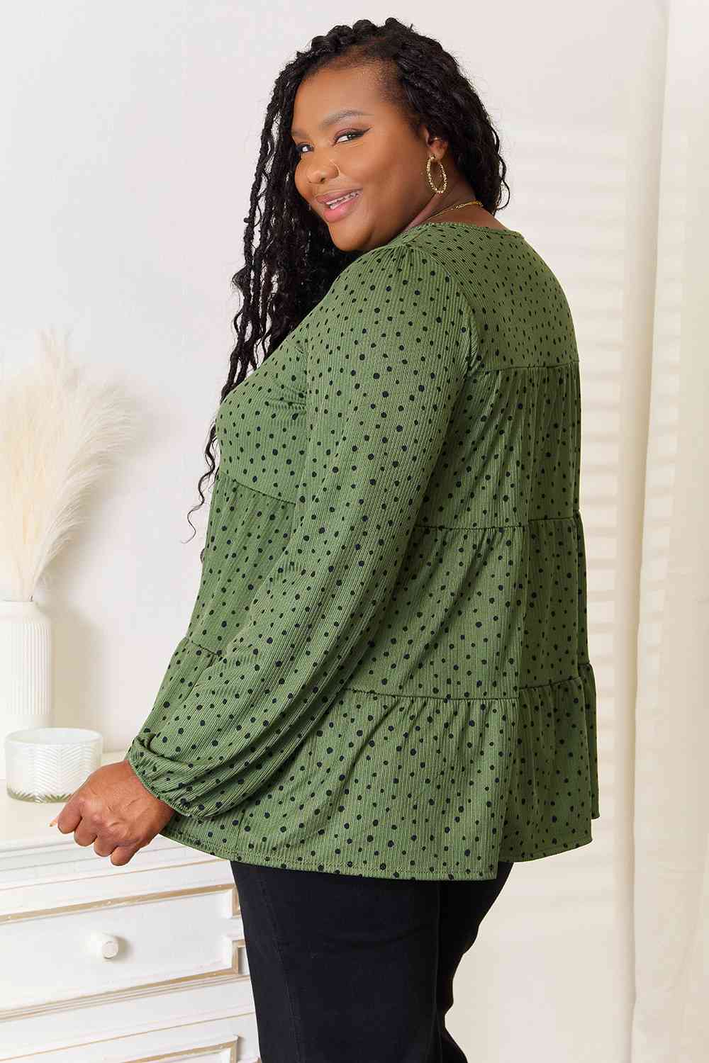 Heimish Full Size Long Puff Sleeve Polka Tiered Top