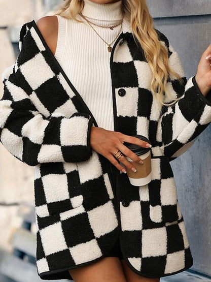 Double Take Plus Size Checkered Button Front Coat with Pockets