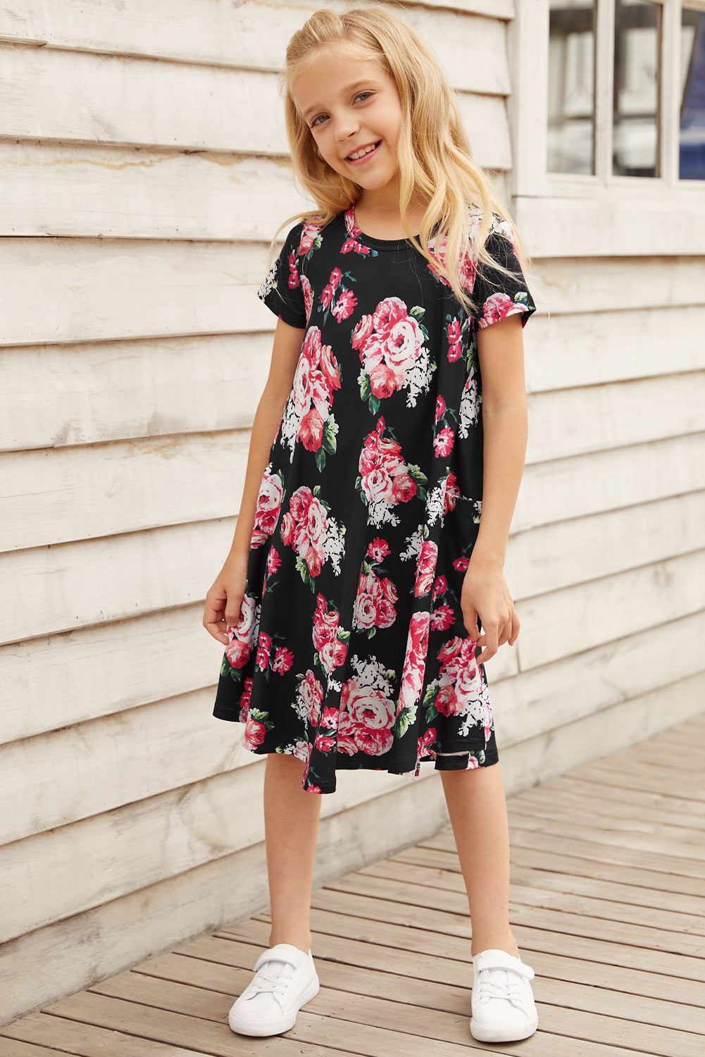 Girls Floral Round Neck Short Sleeve Dress with Pockets