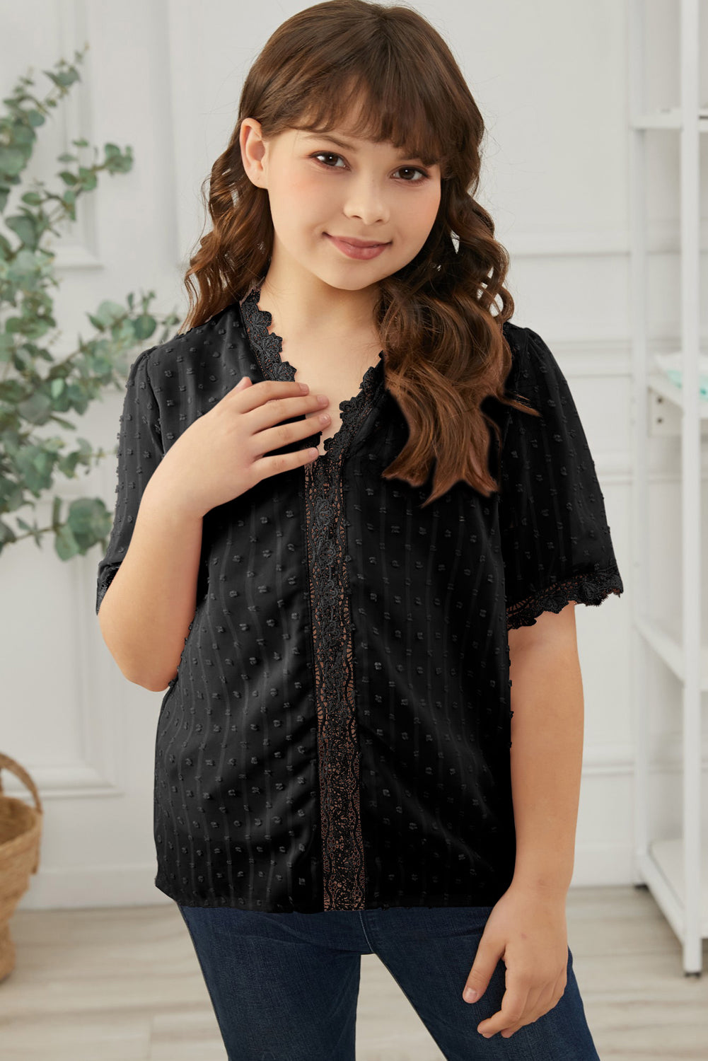 Girls Swiss Dot Spliced Lace Blouse